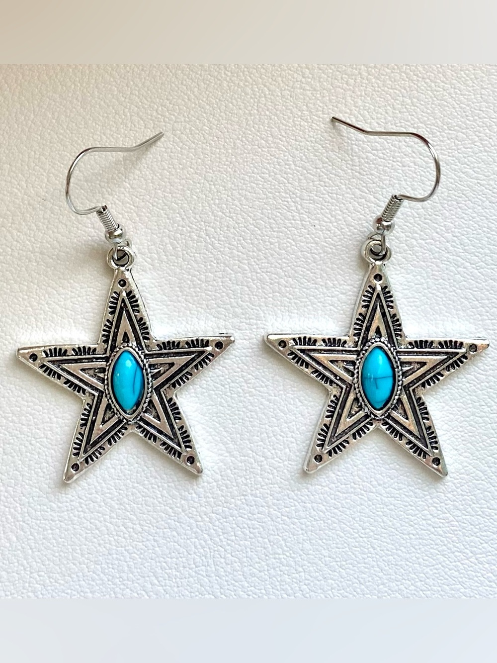 Turquoise Star Drop Earrings - Silver Tone